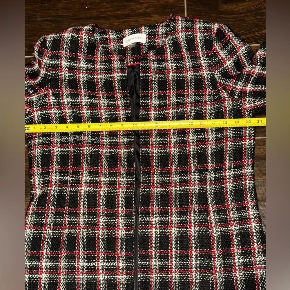 Calvin Klein Plaid Tweed Long Jacket Coat Black Red White Size 12 EUC Lined